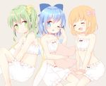  :d ;o bare_shoulders blonde_hair bloomers blue_eyes blue_hair bow bra child cinderella_bust cirno closed_eyes collarbone commentary_request daiyousei eyebrows_visible_through_hair fairy_wings fang green_eyes green_hair hair_bow hair_ornament hair_scrunchie long_hair looking_at_viewer mimi_(mimi_puru) multiple_girls navel one_eye_closed open_mouth pillow pillow_hug rubbing_eyes rumia scrunchie short_hair side_ponytail smile touhou underwear underwear_only wings wrist_scrunchie 