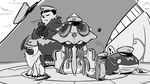  artist_name ben_saint chair cloud cracking_knuckles gen_1_pokemon gen_3_pokemon gen_6_pokemon gen_7_pokemon greyscale gumshoos hat heart highres jellyfish looking_at_viewer monochrome no_humans panda pangoro pokemon pokemon_(creature) signature size_difference tail teeth tentacruel throne wailord whiscash 