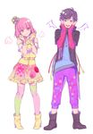  1girl boots brown_footwear cable fingerless_gloves gloves hands_on_own_cheeks hands_on_own_face high_heel_boots high_heels jacket jewelry kamen_rider kamen_rider_ex-aid_(series) necklace open_mouth parad pendant pink_eyes pink_hair pink_skirt poppi_pipopapo purple_hair rin2010 round_teeth skirt sleeves_past_wrists smile teeth thighhighs yellow_footwear yellow_gloves zettai_ryouiki 