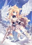  angel_wings animal_ears armor armored_boots belt black_ribbon blonde_hair blush boots breastplate choker day elbow_gloves eyebrows_visible_through_hair feathered_wings flat_chest floating_hair frilled_skirt frills full_body gloves green_eyes grey_skirt hair_ornament high_heel_boots high_heels highres holding holding_weapon hoshi_(snacherubi) lance lens_flare long_hair miniskirt original outdoors parted_lips pleated_skirt polearm purple_eyes ribbon ribbon_choker shield skirt sky solo thighhighs very_long_hair weapon white_feathers white_gloves white_legwear white_wings wings 