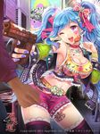  2013 black_legwear blue_hair blue_nails blush bow bracelet breasts cleavage collar company_name furyou_michi_~gang_road~ gun hair_bow heart holding holding_gun holding_lollipop holding_weapon jewelry large_breasts long_hair looking_at_another nail_polish one_eye_closed open_mouth pink_bow purple_eyes smile teeth thighhighs twintails weapon yeonwa 