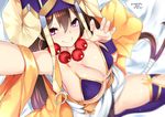  beads bikini bikini_top blurry blush breasts brown_hair cleavage dated depth_of_field fate/grand_order fate_(series) hair_between_eyes hat jewelry large_breasts long_hair looking_at_viewer nebusoku necklace pawoo_username prayer_beads purple_bikini purple_eyes reaching rotated smile solo swimsuit thighhighs twitter_username xuanzang_(fate/grand_order) 