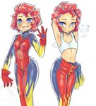  arms_behind_head blue_eyes bra breasts cars_(movie) cloud dear-cotton-candy genderswap genderswap_(mtf) jumpsuit lightning_mcqueen looking_at_viewer multiple_girls personification racing_suit red_hair red_jumpsuit sketch small_breasts underwear wide_hips 