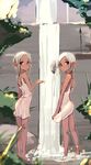  bare_legs bare_shoulders barefoot commentary dark_elf dark_skin day dress elf highres long_hair looking_at_viewer looking_back maze_(gochama_ze_gohan) multiple_girls nature original outdoors outstretched_hand pointy_ears red_eyes see-through sundress tiptoes water waterfall white_dress white_hair 