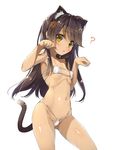  ? animal_ears ass_visible_through_thighs bikini black_hair blush breasts cat_ears cat_tail cowboy_shot dark_skin eyepatch_bikini heart long_hair looking_at_viewer micro_bikini navel open_mouth original paw_pose shiny shiny_hair simple_background small_breasts smile solo stomach swimsuit tail white_background white_bikini yanagi_yuu yellow_eyes 