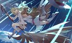  blonde_hair blue_eyes blush boots broom broom_riding brown_hair cloak commentary_request diana_cavendish dress flying hat highres hood hug kagari_atsuko knee_boots little_witch_academia long_hair looking_at_viewer multiple_girls nine_(liuyuhao1992) open_mouth panties pantyshot red_eyes red_panties smile star underwear waist_hug witch witch_hat 