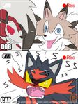  3_toes angry black_eyes black_fur black_nose camera canine duo feline feral fur grey_fur grin hissing humor lycanroc mammal midday_lycanroc midnight_lycanroc nintendo onomatopoeia open_mouth pok&eacute;mon recording red_eyes red_fur red_sclera semi-anthro simple_background smile solo sound_effects tan_fur toes tongue tongue_out video_games white_background white_fur winick-lim yellow_sclera 