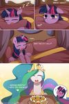  ! 2017 absurd_res bed comic dialogue duo english_text equine eyes_closed female feral food friendship_is_magic glowing hair hi_res horn long_hair magic mammal momomistress multicolored_hair my_little_pony open_mouth pancake princess_celestia_(mlp) purple_eyes sleeping text twilight_sparkle_(mlp) waking_up winged_unicorn wings 