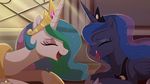 2017 blue_feathers blue_hair duo equine eyelashes eyes_closed feathered_wings feathers female feral friendship_is_magic hair horn long_hair mammal momomistress multicolored_hair my_little_pony open_mouth princess_celestia_(mlp) princess_luna_(mlp) sibling sisters winged_unicorn wings 