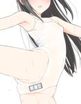  arched_back armpits asashio_(kantai_collection) bare_shoulders black_hair blush breasts censored covered_nipples ear_blush flat_chest head_out_of_frame kantai_collection kanzaki_muyu leg_up leotard long_hair open_mouth outstretched_arms simple_background small_breasts solo spread_arms spread_legs sweat translated white_background white_leotard 