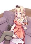  alcohol alternate_costume bad_hands black_legwear blonde_hair blue_eyes braid couch crossed_legs crown cup dress drinking_glass french_braid globus_cruciger highres jewelry jiao_(assppp655) kantai_collection long_hair mini_crown necklace off-shoulder_dress off_shoulder red_dress sitting solo thighhighs warspite_(kantai_collection) wine wine_glass 