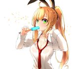  ahoge blonde_hair breasts cleavage collarbone commentary food green_eyes healther highres hot long_hair looking_at_viewer medium_breasts necktie original ponytail popsicle red_neckwear shirt simple_background solo sweat upper_body very_long_hair white_background white_shirt 