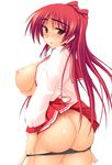  :3 :d arched_back areolae ass black_panties blush breasts breasts_outside brown_eyes curvy from_behind highres kousaka_tamaki large_breasts long_hair looking_at_viewer looking_back miniskirt nipples no_bra nose_blush open_clothes open_mouth open_shirt panties panty_pull pleated_skirt red_hair school_uniform seductive_smile serafuku shiny shiny_skin shirt skirt skirt_lift smile solo standing straight_hair sweat to_heart_2 twintails underwear undressing white_background zekkyon 