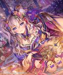  animal bird blush breasts chick company_name copyright_name flower hair_flower hair_ornament holding holding_wand large_breasts long_hair official_art parted_lips purple_eyes sengoku_saga silver_hair smile teeth twintails wand yeonwa 