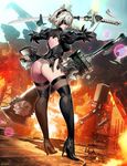  ass black_dress blindfold boots destruction dress explosion feather-trimmed_sleeves genzoman hairband huge_weapon leotard leotard_under_clothes looking_back md5_mismatch nier_(series) nier_automata short_hair silver_hair solo sword thigh_boots thighhighs weapon yorha_no._2_type_b 