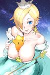  bare_shoulders between_breasts blonde_hair blue_eyes breasts bursting_breasts chiko_(mario) cleavage from_above highres igarasy large_breasts licking_lips looking_at_viewer mario_(series) naughty_face parted_lips rosetta_(mario) short_hair smile solo super_mario_bros. super_mario_galaxy tongue tongue_out 