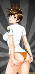  alternate_costume artist_name ass ass_support blush breasts brown_eyes brown_hair casual commentary earrings from_behind grey_background highres jewelry logo looking_at_viewer looking_back medium_breasts no_pants orange_panties overwatch panties shiny shiny_skin shirt short_hair short_sleeves signature solo spiked_hair sunburst t-shirt taut_clothes taut_shirt tenzen_(netspike) thighs tracer_(overwatch) underwear white_shirt 