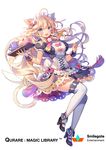  animal_ears blonde_hair blue_eyes blush bow breasts cake cat_ears coffee coffee_mug company_name copyright_name cup eyebrows_visible_through_hair food high_heels holding holding_tray large_breasts long_hair looking_at_viewer maid maid_headdress mug official_art open_mouth pink_bow qurare_magic_library smile solo teeth thighhighs tray white_legwear yeonwa 