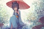  backlighting bangs blue_flower bush chinese_clothes closed_mouth collarbone commentary_request day feet_out_of_frame flower green_eyes grey_hair hair_flower hair_ornament hair_rings half-closed_eyes holding holding_umbrella long_sleeves looking_down luo_tianyi mujun_atama oriental_umbrella outdoors pink_umbrella rain ripples rock sash short_hair_with_long_locks sitting solo umbrella vocaloid vocanese water wide_sleeves 
