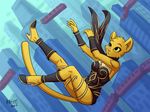  2017 anthro breasts city cosplay crossover falling feline fully_body fur gravity_rush heresy_(artist) katia_managan khajiit mammal prequel the_elder_scrolls video_games yellow_fur yellow_sclera 