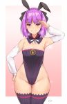 adapted_costume animal_ears breasts bunny_ears bunny_girl bunnysuit commentary detached_sleeves fate/grand_order fate_(series) flat_chest hand_on_hip helena_blavatsky_(fate/grand_order) highleg highleg_leotard kuavera leotard purple_hair salute signature small_breasts smile thigh_gap thighhighs wide_hips 