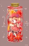  1girl aki_minoriko apron arinu artist_name autumn_leaves black_ribbon blonde_hair blush bottle brown_background chibi food food_themed_hair_ornament fruit grape_hair_ornament hair_ornament hat in_bottle in_container looking_at_viewer neck_ribbon orange orange_slice red_eyes red_hat ribbon short_hair solo touhou 