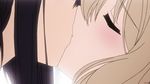  2girls animated animated_gif black_hair blonde_hair couple gif green_eyes kawamura_reo kiss official sawaguchi_mai sono_hanabira_ni_kuchizuke_wo surprised tongue yuri 