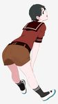  alternate_costume ass bent_over black_eyes black_hair black_legwear brown_sailor_collar brown_serafuku brown_shorts dorsiflexion from_behind full_body kantai_collection mogami_(kantai_collection) ojipon sailor_collar school_uniform serafuku shoes short_hair short_sleeves shorts simple_background solo standing uwabaki white_background 