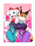  &lt;3 2017 anthro belt black_nose blue_eyes bodysuit bow brown_fur canine clothing dipstick_tail dog duo english_text fay_spaniel feline female fur gloves jacket long_ears mammal michiyoshi miyu_lynx multicolored_tail nintendo open_mouth scarf skinsuit star_fox text tight_clothing video_games white_fur wide_hips 
