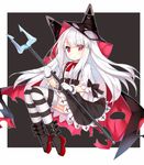  azur_lane belt_boots black_bow boots bow cape erebus_(azur_lane) hat long_hair looking_at_viewer pitchfork platform_boots platform_footwear polearm red_bow red_eyes silver_hair skirt solo striped striped_legwear suspender_skirt suspenders tengxiang_lingnai thighhighs weapon 