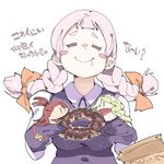  1girl 3girls bangs blunt_bangs blush blush_stickers bow braid breasts brown_hair character_doll chris_(mario) closed_eyes diana_cavendish doughnut drooling eating food foodgasm hair_bow hand_puppet happy jasminka_antonenko kagari_atsuko light_green_hair little_witch_academia long_hair long_sleeves medium_breasts multiple_girls orange_bow pink_hair plump puppet school_uniform simple_background smile text_focus translated twin_braids upper_body white_background |_| 