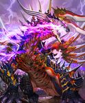  cloud cloudy_sky cygames dragon extra_eyes fire from_below glowing glowing_eyes jabberwock_(shingeki_no_bahamut) light_particles lightning monster no_humans official_art open_mouth pink_eyes purple_fire rock scales shadowverse sharp_teeth shingeki_no_bahamut sky spikes takayama_toshiaki teeth 