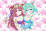  aqua_hair blue_eyes blush breast_press breasts brown_hair carrie_alberta clarice_umbra cleavage commentary_request demon_girl head_fins head_wings heart highres hug large_breasts long_hair multiple_girls pointy_ears pop-up_story red_eyes shell shell_hair_ornament short_hair siren_(mythology) smile succubus yaka_(ir_mc8a) 
