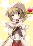  blush brown_eyes brown_hair choker cowboy_shot hair_ornament hidamari_sketch hood kirara_fantasia looking_at_viewer navel oumi_neneha pleated_skirt red_skirt simple_background skirt smile solo staff star starry_background x_hair_ornament yellow_background yuno 