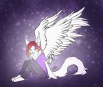  2013 anthro barefoot blue_eyes clothed clothing feathered_wings feathers feline hair hybrid mammal neotheta red_hair white_feathers wings 