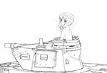  a1 blush breasts closed_mouth commentary_request eyebrows_visible_through_hair foam from_side girls_und_panzer greyscale ground_vehicle looking_away medium_breasts military military_vehicle monochrome motor_vehicle nishizumi_miho panzerkampfwagen_iv sketch solo tank topless 