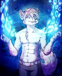  2013 5_fingers abs anthro clothed clothing male mammal navel neotheta pink_eyes raccoon smile solo topless 