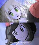  2koma beanie black_eyes black_hair blonde_hair bright_pupils comic english green_eyes hat highres kuzu_no_honkai lillie_(pokemon) lying mizuki_(pokemon) multiple_girls nocunoct on_back parody pokemon pokemon_(game) pokemon_sm red_hat revision subtitled you_gonna_get_raped yuri 