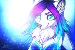  2013 anthro blue_eyes blue_hair breasts canine clothed clothing ear_piercing female fox fur grey_nose hair inner_ear_fluff mammal neotheta piercing purple_hair smile white_fur 