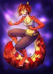  2013 4_toes 5_fingers anthro barefoot breasts clothed clothing digitigrade feline female fur hair mammal midriff navel neotheta ocelot otange_eyes red_fur red_hair smile solo toes 