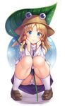  absurdres blonde_hair blue_eyes blush cameltoe hat highres leaf_umbrella loafers long_sleeves looking_at_viewer moriya_suwako panties pantyshot pantyshot_(squatting) shoes short_hair skirt smile snowcanvas solo squatting touhou underwear white_legwear wide_sleeves 