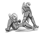  2016 abs absurd_res anthro anthrofied areola boots clothing duo equine feathered_wings feathers female fluttershy_(mlp) footwear friendship_is_magic greyscale hi_res high_heels krd low-angle_view mammal monochrome my_little_pony nipple_bulge nipples pegasus pussy rainbow_dash_(mlp) rubber shoes skinsuit tight_clothing wings 