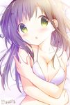  :o amedamacon bangs bed_sheet blush breast_squeeze breasts brown_hair cleavage collarbone commentary eyebrows_visible_through_hair from_above gochuumon_wa_usagi_desu_ka? green_eyes halter_top halterneck hand_on_own_arm large_breasts light long_hair looking_at_viewer lying on_back open_mouth signature solo ujimatsu_chiya upper_body white_bikini_top 