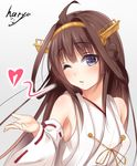  ahoge armpits artist_name black_eyes blown_kiss blush breasts brown_hair detached_sleeves eyebrows_visible_through_hair hairband haryuu_(poetto) kantai_collection kongou_(kantai_collection) long_hair looking_at_viewer medium_breasts nontraditional_miko one_eye_closed orange_hairband parted_lips remodel_(kantai_collection) ribbon-trimmed_sleeves ribbon_trim shiny shiny_skin sideboob solo upper_body 