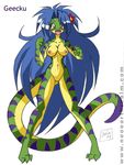  2004 blue_hair breasts chalo female gecko geecku green_skin hair happy lizard long_tail pussy reptile scalie stripes yellow_eyes yellow_skin 