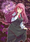  ;) bat_wings black_legwear breasts demon_tail dress_shirt dutch_angle finger_to_mouth head_wings heart juliet_sleeves koakuma large_breasts long_hair long_sleeves looking_at_viewer low_wings necktie one_eye_closed pantyhose puffy_sleeves red_eyes red_hair red_neckwear shirt skirt skirt_lift skirt_set smile solo tail tanasuke taut_clothes touhou translated vest white_shirt wings 