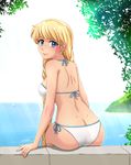  ass back bikini blonde_hair blue_eyes blurry blurry_background braid commentary day depth_of_field dimples_of_venus everlasting_summer from_behind highres huyase leaf light_smile long_hair looking_at_viewer looking_back outdoors shoulder_blades side-tie_bikini sitting slavya-chan solo sunlight swimsuit very_long_hair white_bikini 