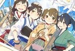  akagi_(kantai_collection) bird black_hair blush bow_(weapon) brown_eyes brown_hair d.y.x. dated flight_deck gloves grey_eyes hakama_skirt hand_on_another's_head hand_on_another's_shoulder hiryuu_(kantai_collection) japanese_clothes kaga_(kantai_collection) kantai_collection multiple_girls muneate open_mouth partly_fingerless_gloves photo_(object) quiver seagull side_ponytail smile souryuu_(kantai_collection) twintails weapon yugake 