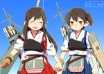  akagi_(kantai_collection) blue_background brown_eyes brown_hair closed_eyes d.y.x. flight_deck gloves gradient gradient_background holding_hands japanese_clothes kaga_(kantai_collection) kantai_collection long_hair multiple_girls muneate open_mouth quiver side_ponytail smile tasuki translated 