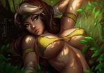  absurdres areola_slip areolae armpits artist_name bandaged_arm bandages bare_shoulders breasts brown_hair bush collarbone dandon_fuga dappled_sunlight dark_areolae grass green_eyes head_tilt headband highres huge_filesize large_breasts leaf lips marvel midriff multicolored_hair navel paid_reward parted_lips patreon_reward plant rogue_(x-men) shirt solo stomach streaked_hair sunlight torn_clothes torn_shirt upper_body watermark web_address white_hair x-men yellow_shirt 